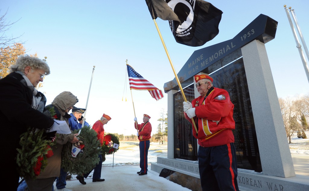 Members of the Burton-Goode-Sargent Chapter 1 of the Korean War Veterans of America lay six wreaths at the Korean War Memorial at Mount Hope Cemetery on Saturday. The ceremony was held to honor the men and woman in all major branches of the military and it coincided with the laying of thousands of wreaths in Arlington National Cemetery. The 3rd annual event was held as part of the Wreaths Across America Project founded by Morrill Worcester of Harrington who also donated the wreaths. Buy Photo Members of the Burton-Goode-Sargent Chapter 1 of the Korean War Veterans of America lay six wreaths at the Korean War Memorial at Mount Hope Cemetery on Saturday. The ceremony was held to honor the men and woman in all major branches of the military and it coincided with the laying of thousands of wreaths in Arlington National Cemetery. The 3rd annual event was held as part of the Wreaths Across America Project founded by Morrill Worcester of Harrington who also donated the wreaths. Buy Photo
