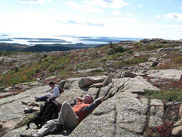 Friends Sonny Whittaker (left) and Scott Fisher enjoy a rest break in October near the South Ridge Trail on Cadillac Mountain. Photos of friends on hikes connect you to the day they were taken. Friends Sonny Whittaker (left) and Scott Fisher enjoy a rest break in October near the South Ridge Trail on Cadillac Mountain. Photos of friends on hikes connect you to the day they were taken.