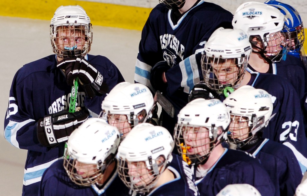 The Presque Isle Wildcats gather on the ice after their 5-1 fall to the Greely Rangers in the Class B ice hockey state championships on Saturday at the Colisee in Lewiston. Buy Photo The Presque Isle Wildcats gather on the ice after their 5-1 fall to the Greely Rangers in the Class B ice hockey state championships on Saturday at the Colisee in Lewiston. Buy Photo