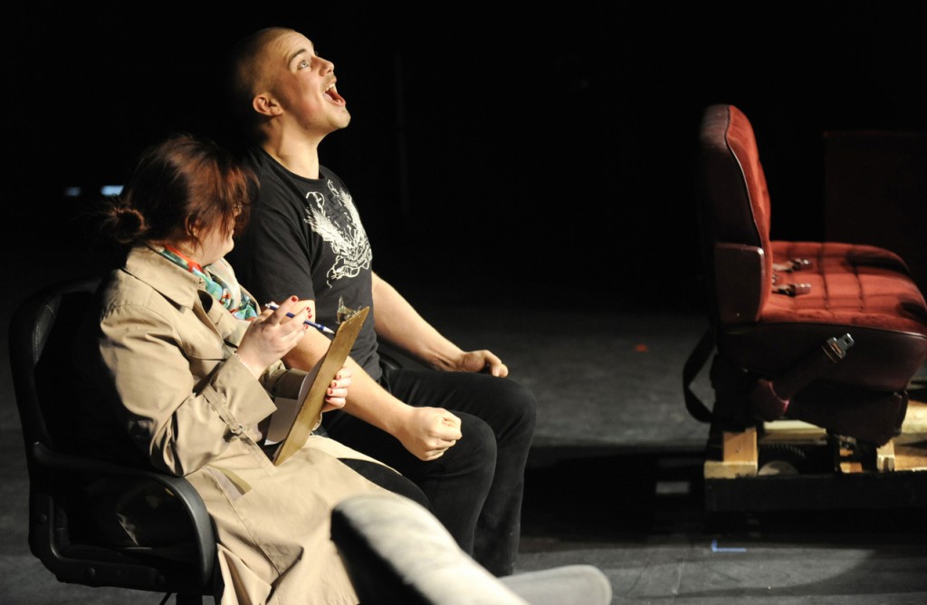 Senior Gabe Barsanti erupts as his driving instructor, played by senior classmate Katie Keenan, recoils during their scene in Sumner Memorial High School's presentation of " Skid Marks: A Play About Driving" during the 2009 Eastern Regional of the Maine Drama Festival at MDI High School on Saturday. The event kicked off with two high school performances Friday evening and five high schools competed Saturday after morning theater workshops. The schools that participated include Belfast Area High School, Shead High School, Washington Academy, Calais High School, Sumner Memorial High School, Brewer High School, Ellsworth High School and Mouth Desert Island High School. Buy Photo Senior Gabe Barsanti erupts as his driving instructor, played by senior classmate Katie Keenan, recoils during their scene in Sumner Memorial High School's presentation of " Skid Marks: A Play About Driving" during the 2009 Eastern Regional of the Maine Drama Festival at MDI High School on Saturday. The event kicked off with two high school performances Friday evening and five high schools competed Saturday after morning theater workshops. The schools that participated include Belfast Area High School, Shead High School, Washington Academy, Calais High School, Sumner Memorial High School, Brewer High School, Ellsworth High School and Mouth Desert Island High School. Buy Photo
