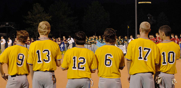 Mansfield Stadium was the site of the opening ceremony for the 2009 Senior League World Series. Players from all countries stood while national anthems were played by the Bangor Band.
Bangor Daily News/Michael C. York Mansfield Stadium was the site of the opening ceremony for the 2009 Senior League World Series. Players from all countries stood while national anthems were played by the Bangor Band.
Bangor Daily News/Michael C. York