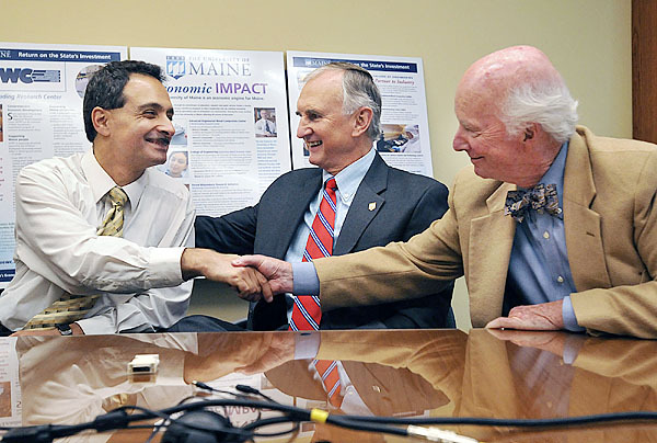 UMaine researcher Habib Dagher, L, UMaine President Robert Kennedy, and Allan Ferland share enthusiasm as the official announcement of an $8 million dollar grant to the U of Maine for the development of offshore wind-power generation, Thursday, Oct. 15, 2009. Bangor Daily News/Michael C. York UMaine researcher Habib Dagher, L, UMaine President Robert Kennedy, and Allan Ferland share enthusiasm as the official announcement of an $8 million dollar grant to the U of Maine for the development of offshore wind-power generation, Thursday, Oct. 15, 2009. Bangor Daily News/Michael C. York