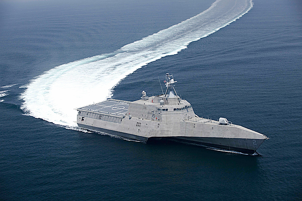 This image provided by the US Navy shows the littoral combat ship Independence (LCS 2) underway during builder's trials on July 12, 2009. Builder's trials are the first opportunity for the shipbuilder and the U.S. Navy to operate the ship underway, and provide an opportunity to test and correct issues before acceptance trials. The second of the Navy's new generation of speedy warships designed to operate close to shore topped 50 miles per hour in builder trials completed this month. Officials say the Independence, a 418-foot ship built in Alabama, traveled in excess of 45 knots, which equates to nearly 52 mph, and sustained 44 knots during a four-hour, full-speed sprint. (AP Photo/Dennis Griggs - US Navy) This image provided by the US Navy shows the littoral combat ship Independence (LCS 2) underway during builder's trials on July 12, 2009. Builder's trials are the first opportunity for the shipbuilder and the U.S. Navy to operate the ship underway, and provide an opportunity to test and correct issues before acceptance trials. The second of the Navy's new generation of speedy warships designed to operate close to shore topped 50 miles per hour in builder trials completed this month. Officials say the Independence, a 418-foot ship built in Alabama, traveled in excess of 45 knots, which equates to nearly 52 mph, and sustained 44 knots during a four-hour, full-speed sprint. (AP Photo/Dennis Griggs - US Navy)