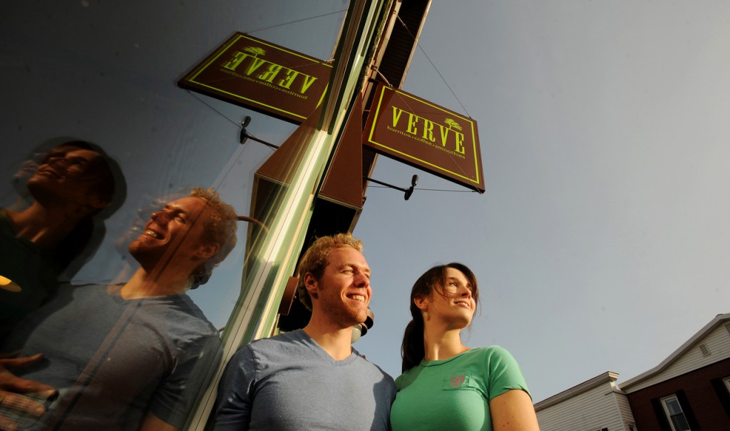 Abe and Heather Furth stand next to Verve Burritos in Orono, a restaurant that the couple opened last month. Buy Photo Abe and Heather Furth stand next to Verve Burritos in Orono, a restaurant that the couple opened last month. Buy Photo