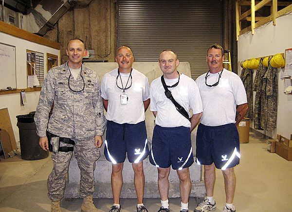 Four Piscataquis County men deployed to the Middle East were united on a Sunday morning in September at an undisclosed location in Iraq. Major Robert Kinney, originally from Atkinson and now assigned to the 102nd Intelligence Wing, Otis ANGB, Massachusetts was aware Penquis area friends from the 101st Air Refueling Wing Civil Engineers of Bangor were nearby while traveling in Iraq as part of his duties in the Middle East. Major Kinney and Technical Sergeant Scott Coy, who are friends from high school and church, coordinated the meeting between old friends. Pictured from left to right: Major Robert Kinney (Atkinson) in the USAF Airman's Battle Uniform (ABU), Technical Sergeant Scott Coy (Dover-Foxcroft), Technical Sergeant Joseph Baker (LaGrange) and Master Sergeant Douglas Robinson (Orneville) all pictured in Air Force Physical Training Attire an official uniform of the USAF. Four Piscataquis County men deployed to the Middle East were united on a Sunday morning in September at an undisclosed location in Iraq. Major Robert Kinney, originally from Atkinson and now assigned to the 102nd Intelligence Wing, Otis ANGB, Massachusetts was aware Penquis area friends from the 101st Air Refueling Wing Civil Engineers of Bangor were nearby while traveling in Iraq as part of his duties in the Middle East. Major Kinney and Technical Sergeant Scott Coy, who are friends from high school and church, coordinated the meeting between old friends. Pictured from left to right: Major Robert Kinney (Atkinson) in the USAF Airman's Battle Uniform (ABU), Technical Sergeant Scott Coy (Dover-Foxcroft), Technical Sergeant Joseph Baker (LaGrange) and Master Sergeant Douglas Robinson (Orneville) all pictured in Air Force Physical Training Attire an official uniform of the USAF.