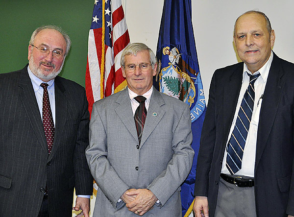 John Fitzsimmons, left, president of the Maine Community College System posed Wednesday with William H. Cassidy, president of Washington County Community College, center, and WCCC President Emeritus Ronald Renaud. The board of trustees of the community college system announced Wednesday that it plans to confer emeritus status on Cassidy who will retire at the end of this month. (Photo courtesy of Washington County Community College) John Fitzsimmons, left, president of the Maine Community College System posed Wednesday with William H. Cassidy, president of Washington County Community College, center, and WCCC President Emeritus Ronald Renaud. The board of trustees of the community college system announced Wednesday that it plans to confer emeritus status on Cassidy who will retire at the end of this month. (Photo courtesy of Washington County Community College)