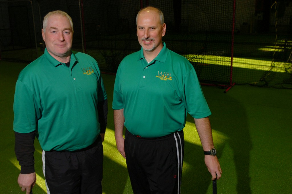 Tim Crowell (left) and Steve Babin opened W.I.N. Athletic Training Center on Wilson Street in Brewer on Saturday, Dec. 12, 2009. "We saw a need for a place to train inside for baseball and softball," said Babin. The facility, which features batting tunnels and an open space for fielding exercises, will be open 4 p.m. to 10 p.m. weekdays and 7 a.m. to 10 p.m. weekends. (Bangor Daily News/Bridget Brown) Tim Crowell (left) and Steve Babin opened W.I.N. Athletic Training Center on Wilson Street in Brewer on Saturday, Dec. 12, 2009. "We saw a need for a place to train inside for baseball and softball," said Babin. The facility, which features batting tunnels and an open space for fielding exercises, will be open 4 p.m. to 10 p.m. weekdays and 7 a.m. to 10 p.m. weekends. (Bangor Daily News/Bridget Brown)