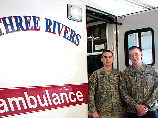 Kendall Noke, left and David Olmstead, licensed EMT Intermediate paramedics with the Three Rivers Ambulance Service, will leave soon for military duty in Afghanistan. BANGOR DAILY NEWS PHOTO BY DIANA BOWLEY Kendall Noke, left and David Olmstead, licensed EMT Intermediate paramedics with the Three Rivers Ambulance Service, will leave soon for military duty in Afghanistan. BANGOR DAILY NEWS PHOTO BY DIANA BOWLEY