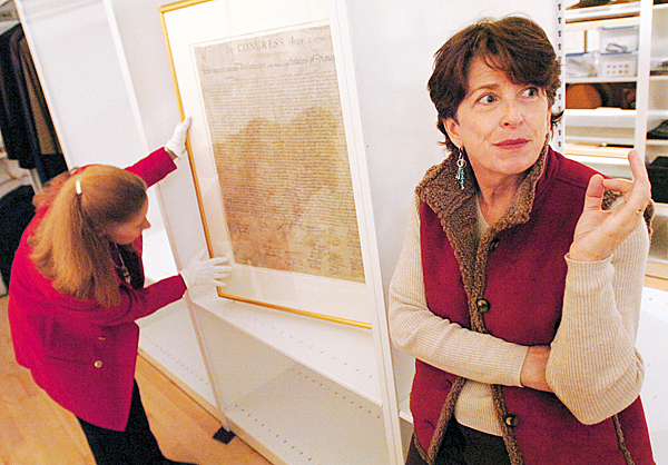 Bangor Museum and Center for History board directors presdient Jean Deighan talks about the plans for a new location for museum as curator Dana Lippett inspects one of 32 existing copies of the Declaration of Independence that will be on display at the new location. BANGOR DAILY NEWS FILE PHOTO BY KEVIN BENNETT Bangor Museum and Center for History board directors presdient Jean Deighan talks about the plans for a new location for museum as curator Dana Lippett inspects one of 32 existing copies of the Declaration of Independence that will be on display at the new location. BANGOR DAILY NEWS FILE PHOTO BY KEVIN BENNETT
