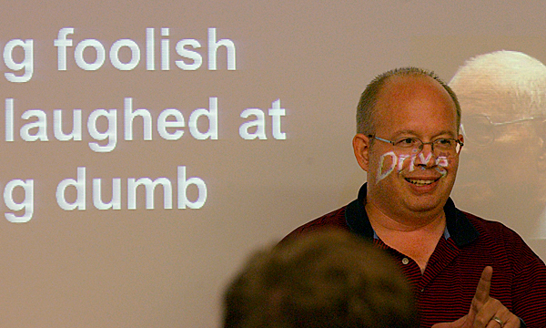Doug Hall speaks to students about the "innovation engineering" pilot program at the University of Maine at Orono campus Tuesday. A projected image is covering his face. BANGOR DAILY NEWS FILE PHOTO BY KEVIN BENNETT Doug Hall speaks to students about the "innovation engineering" pilot program at the University of Maine at Orono campus Tuesday. A projected image is covering his face. BANGOR DAILY NEWS FILE PHOTO BY KEVIN BENNETT