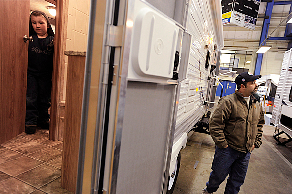 Ethan Desjardin (left), 7, of Eastbrook checks out the bathroom in the Jayco Flight RV as David Boudreau of Holden looks for a possible replacement for his own RV at the 24th annual Camping and RV Show at the Bangor Civic Center on Saturday. BANGOR DAILY NEWS FILE PHOTO BY JOHN CLARKE RUSS Ethan Desjardin (left), 7, of Eastbrook checks out the bathroom in the Jayco Flight RV as David Boudreau of Holden looks for a possible replacement for his own RV at the 24th annual Camping and RV Show at the Bangor Civic Center on Saturday. BANGOR DAILY NEWS FILE PHOTO BY JOHN CLARKE RUSS
