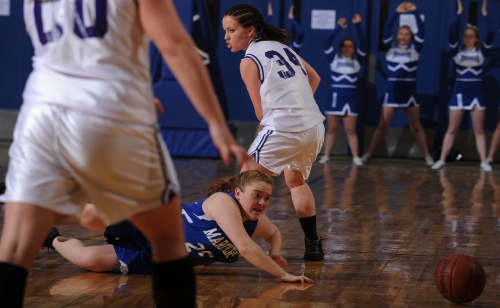 Deer Isle-Stonington's Abby Grindle (on the floor) looks to gather in a loose ball after losing it while dribbling up the flloor against Southern Aroostook's Jasmine Rockwell during Eastern Maine Class D quarter final action at the Bangor Auditorium on Monday, Feb. 15, 2010. (Bangor Daily News/Kevin Bennett) Deer Isle-Stonington's Abby Grindle (on the floor) looks to gather in a loose ball after losing it while dribbling up the flloor against Southern Aroostook's Jasmine Rockwell during Eastern Maine Class D quarter final action at the Bangor Auditorium on Monday, Feb. 15, 2010. (Bangor Daily News/Kevin Bennett)