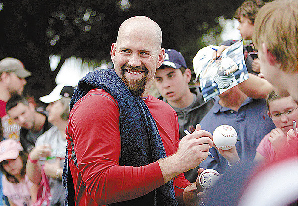 Boston Red Sox first baseman Kevin Youkilis interacts with fans at baseball spring training on the first day of pitchers and catchers workout, in Fort Myers, Fla., Saturday, Feb. 20, 2010.(AP Photo/Nati Harnik) Boston Red Sox first baseman Kevin Youkilis interacts with fans at baseball spring training on the first day of pitchers and catchers workout, in Fort Myers, Fla., Saturday, Feb. 20, 2010.(AP Photo/Nati Harnik)