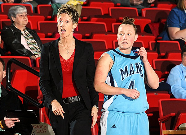 Maine Coach Cindy Blodgett and starting guard Kristin Baker. PHOTO BY STEVE MCLAUGHLIN Maine Coach Cindy Blodgett and starting guard Kristin Baker. PHOTO BY STEVE MCLAUGHLIN