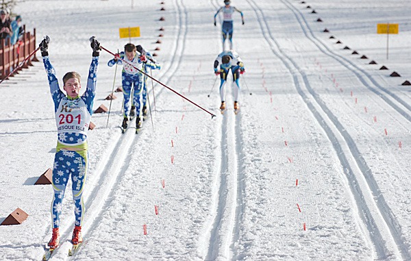 David Sinclair of Green Mountain Valley celebrates his win in the men's junior 1 final sprint race at the 2010 XC Junior Olympics at the Nordic Heritage Center in Presque Isle on Monday, March 8, 2010. Junior Olympic races continue through Saturday. BANGOR DAILY NEWS PHOTO BY BRIDGET BROWN David Sinclair of Green Mountain Valley celebrates his win in the men's junior 1 final sprint race at the 2010 XC Junior Olympics at the Nordic Heritage Center in Presque Isle on Monday, March 8, 2010. Junior Olympic races continue through Saturday. BANGOR DAILY NEWS PHOTO BY BRIDGET BROWN