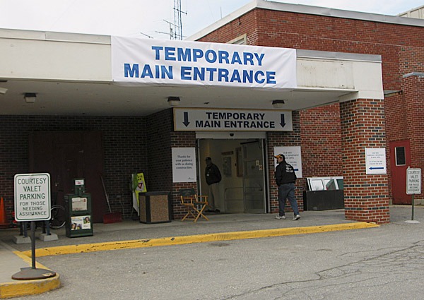 A sign at Maine Coast Memorial Hospital in Ellsworth directs patients to a temporary entrance at the former emergency department. The main hospital entrance will be closed while the lobby and registration areas are remodeled. Photo courtesy of Maine Coast Memorial Hospital. w/HEWITT STORY A sign at Maine Coast Memorial Hospital in Ellsworth directs patients to a temporary entrance at the former emergency department. The main hospital entrance will be closed while the lobby and registration areas are remodeled. Photo courtesy of Maine Coast Memorial Hospital. w/HEWITT STORY