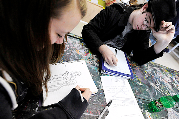 Deer Isle-Stonington High School senior Samantha Mills, 17 and junior Isaac Goss, 16 work on projects in Katy Hellman's art class Friday morning, March 26, 2010. The Maine Dept. of Education recently released a list of the 10 "persistently lowest achieving schools." Schools on the list, which includes Deer Isle-Stonington High School, are eligible for a total of $12 million in federal improvement grants if they take certain steps. BANGOR DAILY NEWS PHOTO BY JOHN CLARKE RUSS Deer Isle-Stonington High School senior Samantha Mills, 17 and junior Isaac Goss, 16 work on projects in Katy Hellman's art class Friday morning, March 26, 2010. The Maine Dept. of Education recently released a list of the 10 "persistently lowest achieving schools." Schools on the list, which includes Deer Isle-Stonington High School, are eligible for a total of $12 million in federal improvement grants if they take certain steps. BANGOR DAILY NEWS PHOTO BY JOHN CLARKE RUSS