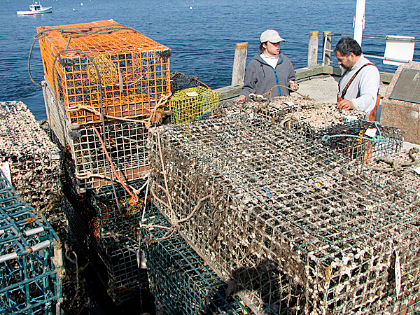 Gulf of Maine Lobster Foundation Project Manager Laura Ludwig, left, talks Wednesday to Sorrento fishermen James West as they stand next to a pile of recovered lobster traps on the Bar Harbor Town Pier. West was one of a handful of Mount Desert Island area fishermen who help the foundation recover lobster traps around the island on Tuesday and Wednesday. BANGOR DAILY NEWS PHOTO BY BILL TROTTER Gulf of Maine Lobster Foundation Project Manager Laura Ludwig, left, talks Wednesday to Sorrento fishermen James West as they stand next to a pile of recovered lobster traps on the Bar Harbor Town Pier. West was one of a handful of Mount Desert Island area fishermen who help the foundation recover lobster traps around the island on Tuesday and Wednesday. BANGOR DAILY NEWS PHOTO BY BILL TROTTER