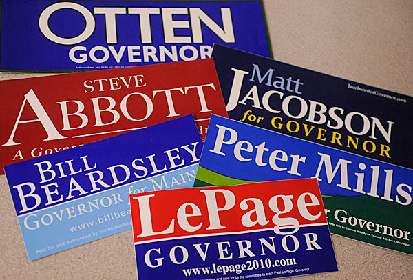 Maine Republican gubernatorial candidate bumper stickers were readily available for attendees at Wednesday evening's candidate debate at Eastern Maine Community College's Rangeley Hall. BANGOR DAILY NEWS PHOTO BY JOHN CLARKE RUSS Maine Republican gubernatorial candidate bumper stickers were readily available for attendees at Wednesday evening's candidate debate at Eastern Maine Community College's Rangeley Hall. BANGOR DAILY NEWS PHOTO BY JOHN CLARKE RUSS