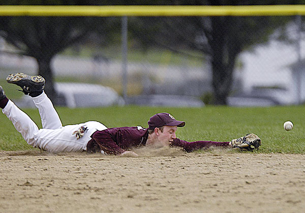 Ellsworth's shortstop B. Folmer, (7), makes a diving attaempt at a sharply hit ball in the second inning of their game versus Hermon, in Hermon, Tuesday, April 27, 2010. BANGOR DAILY NEWS PHOTO BY MICHAEL C. YORK Ellsworth's shortstop B. Folmer, (7), makes a diving attaempt at a sharply hit ball in the second inning of their game versus Hermon, in Hermon, Tuesday, April 27, 2010. BANGOR DAILY NEWS PHOTO BY MICHAEL C. YORK