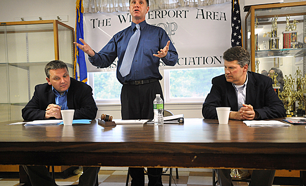 Bernie Littlefield (center) talks about the rules of the debate between Rep. Mike Thibodeau (left) and and Rep. John Peotti at the Grant Civic Center in Winterport Wednesday. They debated about the tax question that will appear on the ballot on June 8. BANGOR DAILY NEWS PHOTO BY GABOR DEGRE Bernie Littlefield (center) talks about the rules of the debate between Rep. Mike Thibodeau (left) and and Rep. John Peotti at the Grant Civic Center in Winterport Wednesday. They debated about the tax question that will appear on the ballot on June 8. BANGOR DAILY NEWS PHOTO BY GABOR DEGRE