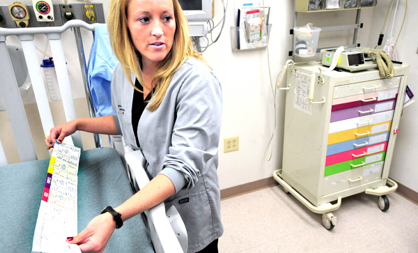 Jamie Perry a registered nurse at the St. Joseph Hospital in Bangor talks about the color coading system that is in use at the hospital's emergency department as the hopital marks the Emergency Medical Services Week. The system called Colors Save Kids allows care givers to use specific size devices and drug dosages that are determined by the child's weight. Each child upon arrival is assigned one of nine colors based on their weight and it will enable doctors and nurses to use medical devices that are also sorted for each size range of the color-coded system. BANGOR DAILY NEWS PHOTO BY GABOR DEGRE Jamie Perry a registered nurse at the St. Joseph Hospital in Bangor talks about the color coading system that is in use at the hospital's emergency department as the hopital marks the Emergency Medical Services Week. The system called Colors Save Kids allows care givers to use specific size devices and drug dosages that are determined by the child's weight. Each child upon arrival is assigned one of nine colors based on their weight and it will enable doctors and nurses to use medical devices that are also sorted for each size range of the color-coded system. BANGOR DAILY NEWS PHOTO BY GABOR DEGRE