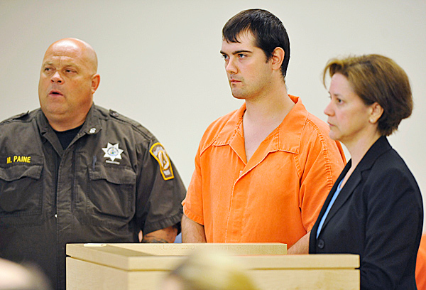 Represented by Bangor attorney Carolyn Adams (right), James Gregory Frank, 23, of Brewer made his initial appearance at Penobscot Judicial Center Tuesday, June 1, 2010. On the left was Penobscot County transport officer Mark Paine. Frank was arrested on Friday and charged with aggravated assault on his infant child. BANGOR DAILY NEWS PHOTO BY JOHN CLARKE RUSS Represented by Bangor attorney Carolyn Adams (right), James Gregory Frank, 23, of Brewer made his initial appearance at Penobscot Judicial Center Tuesday, June 1, 2010. On the left was Penobscot County transport officer Mark Paine. Frank was arrested on Friday and charged with aggravated assault on his infant child. BANGOR DAILY NEWS PHOTO BY JOHN CLARKE RUSS