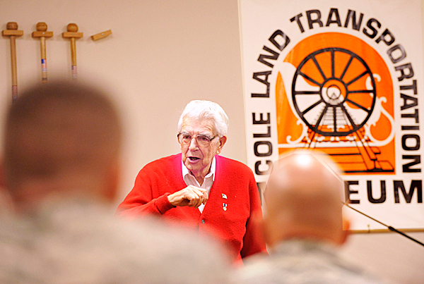 Before a special ceremony at the Cole Land Transportation Museum in Bangor, museum founder and World War II veterans Galen Cole talked with approximately 50 combat veterans to traveled to the museum to receive maple walking sticks with markings to indicate their combat service. The recipients have all served with the Maine Army National Guard. BANGOR DAILY NEWS PHOTO BY JOHN CLARKE RUSS Before a special ceremony at the Cole Land Transportation Museum in Bangor, museum founder and World War II veterans Galen Cole talked with approximately 50 combat veterans to traveled to the museum to receive maple walking sticks with markings to indicate their combat service. The recipients have all served with the Maine Army National Guard. BANGOR DAILY NEWS PHOTO BY JOHN CLARKE RUSS