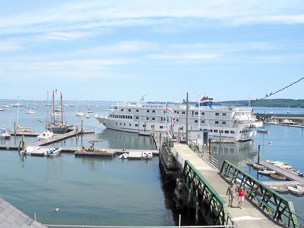 "Independence" - formerly named "Hull 90" - was awarded her name on July Fourth at the Rockland Public Landing to a crowd of about 150 people, according to American Cruise Line staff. The boat, which can hold 104 guests, was awarded its name in front of Sen. Susan Collins, local officials and a boatload of cruise ship riders. (Bangor Daily News/Heather Steeves) "Independence" - formerly named "Hull 90" - was awarded her name on July Fourth at the Rockland Public Landing to a crowd of about 150 people, according to American Cruise Line staff. The boat, which can hold 104 guests, was awarded its name in front of Sen. Susan Collins, local officials and a boatload of cruise ship riders. (Bangor Daily News/Heather Steeves)