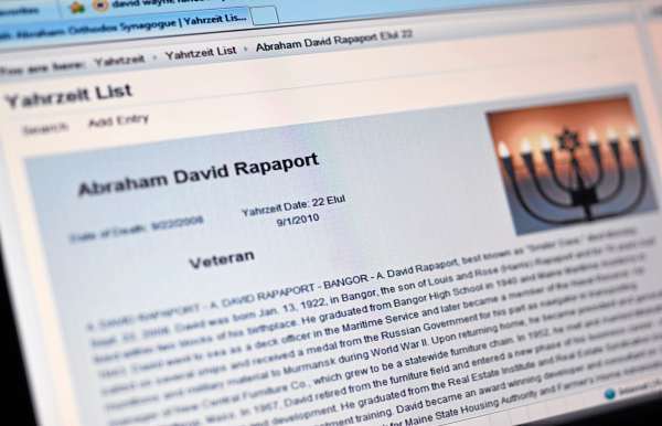 For his Eagle Scout project, Ben Rapaport of Bangor designed a website cataloging the death dates of deceased members of his synagogue Beth Abraham in Bangor. In this photo his laptop displays the Jahrzeit (translation : anniversary) page of his paternal grandfather, Abraham David Rapaport who passed away in 2008. (Bangor Daily News/John Clarke Russ) For his Eagle Scout project, Ben Rapaport of Bangor designed a website cataloging the death dates of deceased members of his synagogue Beth Abraham in Bangor. In this photo his laptop displays the Jahrzeit (translation : anniversary) page of his paternal grandfather, Abraham David Rapaport who passed away in 2008. (Bangor Daily News/John Clarke Russ)