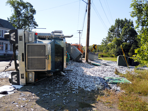 A truck lies on its side after crashing and spilling its load of herring all over everywhere on Route 189 in Whiting, Maine, on Saturday morning. (Photo courtesy of Robin McPhail) A truck lies on its side after crashing and spilling its load of herring all over everywhere on Route 189 in Whiting, Maine, on Saturday morning. (Photo courtesy of Robin McPhail)