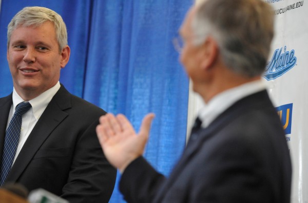 University of Maine President Robert Kennedy, right, introduces Steve Abbott, left, as the university's interim athletic director, during Friday afternoon's press conference at Alfond Family Lounge on U Maine's Orono campus. (Bangor Daily News/John Clarke Russ) University of Maine President Robert Kennedy, right, introduces Steve Abbott, left, as the university's interim athletic director, during Friday afternoon's press conference at Alfond Family Lounge on U Maine's Orono campus. (Bangor Daily News/John Clarke Russ)