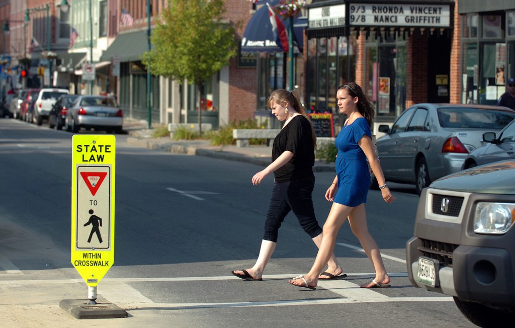 Annie Gagne, 15, (left) and Eve Hupper, 17, both of Rockland, cross Main Street in Rockland on Tuesday, Aug. 31, 2010 on their way to Rock City Coffee. "You definitely have to wait, even with the sign right there" said Gagne of being a pedestrian in Rockland, which plans to install new crosswalks this fall. (Bangor Daily News/Bridget Brown) Annie Gagne, 15, (left) and Eve Hupper, 17, both of Rockland, cross Main Street in Rockland on Tuesday, Aug. 31, 2010 on their way to Rock City Coffee. "You definitely have to wait, even with the sign right there" said Gagne of being a pedestrian in Rockland, which plans to install new crosswalks this fall. (Bangor Daily News/Bridget Brown)