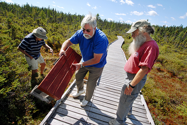 Orono Bog Boardwalk director Jim Bird, right, conferred with volunteer Jerry Ledwith, center, of Bangor and boardwalk maintenance supervisor Phil Locke, left, of Bangor as they retrieved a broken bench that was removed and thrown from its footing near the north end of the boardwalk. They learned Monday morning that various sections the boardwalk were vandalized sometime after it closed for the evening Sunday. BANGOR DAILY NEWS PHOTO BY JOHN CLARKE RUSS Orono Bog Boardwalk director Jim Bird, right, conferred with volunteer Jerry Ledwith, center, of Bangor and boardwalk maintenance supervisor Phil Locke, left, of Bangor as they retrieved a broken bench that was removed and thrown from its footing near the north end of the boardwalk. They learned Monday morning that various sections the boardwalk were vandalized sometime after it closed for the evening Sunday. BANGOR DAILY NEWS PHOTO BY JOHN CLARKE RUSS