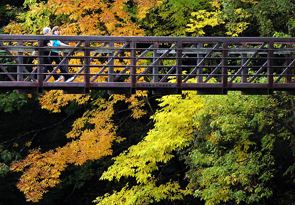 Valerie Kitchen (left) and Amy Pozzy walk over the pedestrian footbridge which spans the Kenduskeag Stream in Bangor on Tuesday, Sept. 28, 2010 as the fall foliage begins to show its colors. Both Kitchen and Pozzy are instructors at Valance Pilates Studio on Main Street in downtown Bangor. (Bangor Daily News/Bridget Brown) Valerie Kitchen (left) and Amy Pozzy walk over the pedestrian footbridge which spans the Kenduskeag Stream in Bangor on Tuesday, Sept. 28, 2010 as the fall foliage begins to show its colors. Both Kitchen and Pozzy are instructors at Valance Pilates Studio on Main Street in downtown Bangor. (Bangor Daily News/Bridget Brown)