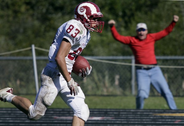 Bangor's Nick Sherwood (83) heads for the goal line to give Bangor the lead over Cony in the second half of their game in Augusta on Saturday. Bangor's Nick Sherwood (83) heads for the goal line to give Bangor the lead over Cony in the second half of their game in Augusta on Saturday.