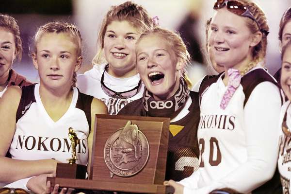 Nokomis' Jordin McGinnis, Kendra Underhill, Maria Adams, and Ali Manson with their championship trophy after defeating York in the State Class B Field Hockey game Saturday, Oct. 30, 2010. Bangor Daily News/Michael C. York Nokomis' Jordin McGinnis, Kendra Underhill, Maria Adams, and Ali Manson with their championship trophy after defeating York in the State Class B Field Hockey game Saturday, Oct. 30, 2010. Bangor Daily News/Michael C. York
