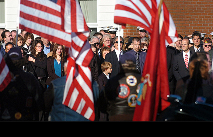 People watch the hurse drive away from Houlton High School after the funeral service for First Lt. James Zimmerman a U.S. Marine who was killed in Afghanistan on November 2nd. (Bangor Daily News/Gabor Degre) People watch the hurse drive away from Houlton High School after the funeral service for First Lt. James Zimmerman a U.S. Marine who was killed in Afghanistan on November 2nd. (Bangor Daily News/Gabor Degre)
