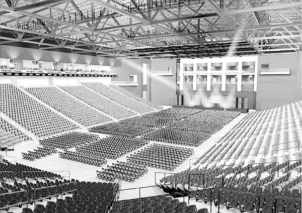 A proposed U-shaped arena would be built into the hillside adjacent to the existing auditorium and would feature 5,000 fixed seats with room for an additional 1,500 floor seats as shown in this artist's rendition. The current auditorium seats 5,828. ( Image courtesy ERA/AECOM and Sink Combs Dethlefs Architects) A proposed U-shaped arena would be built into the hillside adjacent to the existing auditorium and would feature 5,000 fixed seats with room for an additional 1,500 floor seats as shown in this artist's rendition. The current auditorium seats 5,828. ( Image courtesy ERA/AECOM and Sink Combs Dethlefs Architects)