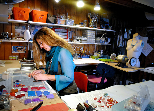 DEDHAM, ME -- NOVEMBER 16, 2010 -- Suzanne Anderson creates colorful, polymer clay jewelry in her Dedham home studio for her business Yikes. She will have her jewelry for sale at the Art-Full Gifts Art and Craft Event in Northport this weekend. BANGOR DAILY NEWS/LINDA COAN O'KRESIK DEDHAM, ME -- NOVEMBER 16, 2010 -- Suzanne Anderson creates colorful, polymer clay jewelry in her Dedham home studio for her business Yikes. She will have her jewelry for sale at the Art-Full Gifts Art and Craft Event in Northport this weekend. BANGOR DAILY NEWS/LINDA COAN O'KRESIK