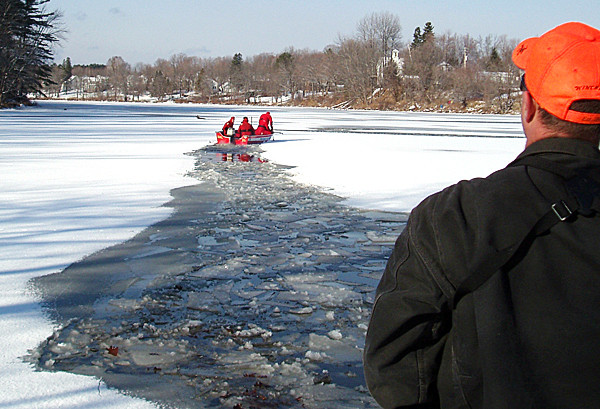 This is a photo of Dover-Foxcroft firefighters taken by Jeremy Kemp of the rescue of deer who broke through the ice on the Piscataquis River in Dover-Foxcroft. The deer were quite tired and probably would not have survived in the water much longer, said Kemp. (Photo courtesy of Jeremy Kemp) This is a photo of Dover-Foxcroft firefighters taken by Jeremy Kemp of the rescue of deer who broke through the ice on the Piscataquis River in Dover-Foxcroft. The deer were quite tired and probably would not have survived in the water much longer, said Kemp. (Photo courtesy of Jeremy Kemp)