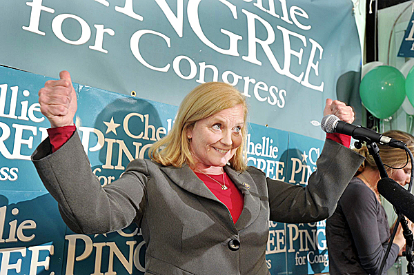 Chellie Pingree shows her elation Tuesday, November 2, 2010, following her opponent Dean Scontras' consession in her reelection bid for Maine's First District Congress seat. Pingree held her returns party at the Porthole, a Portland, Maine, restaurant. Chellie Pingree shows her elation Tuesday, November 2, 2010, following her opponent Dean Scontras' consession in her reelection bid for Maine's First District Congress seat. Pingree held her returns party at the Porthole, a Portland, Maine, restaurant.