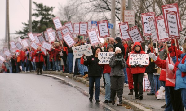 Nurses picket in the front of Eastern Maine Medical Center along State Street in Bangor Monday morning. Nurses picket in the front of Eastern Maine Medical Center along State Street in Bangor Monday morning.