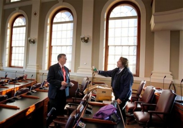 New State Rep. Frederick L. Wintle, R-Garland, left, gets a few words of advice from veteran State Rep. Herb Adams, D-Portland, at the State House, Friday, Nov. 19, 2010, in Augusta, Maine. Friday was orientation day for Maine's new class of state lawmakers. Wintle is one of the many new Republicans elected to give the GOP the majority. Adams was term limited out of office. (AP Photo/Robert F. Bukaty) New State Rep. Frederick L. Wintle, R-Garland, left, gets a few words of advice from veteran State Rep. Herb Adams, D-Portland, at the State House, Friday, Nov. 19, 2010, in Augusta, Maine. Friday was orientation day for Maine's new class of state lawmakers. Wintle is one of the many new Republicans elected to give the GOP the majority. Adams was term limited out of office. (AP Photo/Robert F. Bukaty)