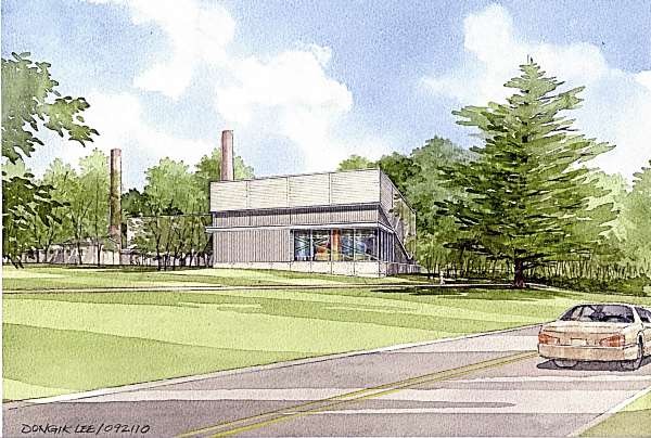 An artists' rendering depicts what Colby College's $11.25 million biomass boiler building will look like when construction is completed next year. The building, which will consume some 22,000 tons of wood materials per year, includes a glassed corner so pedestrians can see the boiler's inner workings. Colby estimates it will save more than $1 million a year on heating oil after the project is complete. Image courtesy of Colby College An artists' rendering depicts what Colby College's $11.25 million biomass boiler building will look like when construction is completed next year. The building, which will consume some 22,000 tons of wood materials per year, includes a glassed corner so pedestrians can see the boiler's inner workings. Colby estimates it will save more than $1 million a year on heating oil after the project is complete. Image courtesy of Colby College