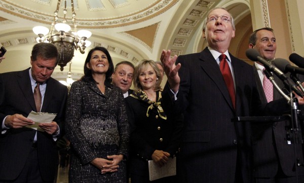 Senate Republican Leader Mitch McConnell, R-Ky., second from right, speaks as Ohio Gov.-elect John Kasich, left, stands with South Carolina Gov.-elect Nikki Haley, Maine Gov.-elect Paul LePage, Oklahoma Gov.-elect Mary Fallin, and House Speaker-designate John Boehner, R-Ohio, right, listen after their meeting on Capitol Hill. Senate Republican Leader Mitch McConnell, R-Ky., second from right, speaks as Ohio Gov.-elect John Kasich, left, stands with South Carolina Gov.-elect Nikki Haley, Maine Gov.-elect Paul LePage, Oklahoma Gov.-elect Mary Fallin, and House Speaker-designate John Boehner, R-Ohio, right, listen after their meeting on Capitol Hill.