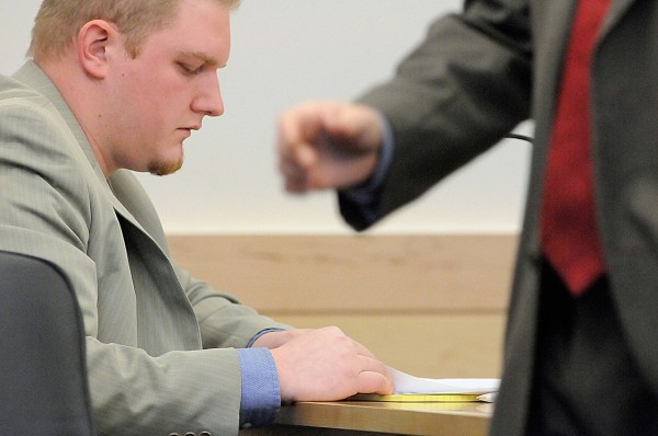 Defendant David Churchill, 26, of Fort Fairfield looked over notes as his defense attorney, Hunter Tzovarras, right, approached the jury box for his opening arguments in Churchill's trial at Penobscot County Judicial Center Tuesday, Jan. 18, 2011. Churchill is charged with sexually assaulting his ex-girlfriend's 12-year-old daughter in the summer of 2009. (Bangor Daily News/John Clarke Russ) Defendant David Churchill, 26, of Fort Fairfield looked over notes as his defense attorney, Hunter Tzovarras, right, approached the jury box for his opening arguments in Churchill's trial at Penobscot County Judicial Center Tuesday, Jan. 18, 2011. Churchill is charged with sexually assaulting his ex-girlfriend's 12-year-old daughter in the summer of 2009. (Bangor Daily News/John Clarke Russ)