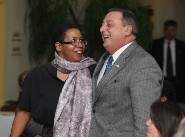 Gov. Paul LePage dances briefly with the Rev. Effie McClain, Monday at the Waterville Rotary Club's annual Dr. Martin Luther King, Jr. Community Breakfast in Waterville, Maine. Gov. Paul LePage dances briefly with the Rev. Effie McClain, Monday at the Waterville Rotary Club's annual Dr. Martin Luther King, Jr. Community Breakfast in Waterville, Maine.