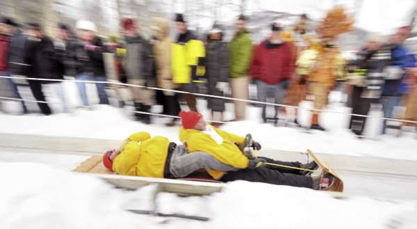 Andy Hazen (right) and Jim Tyler of Lincolnville-based team Beer Coaster slide down the chute during the final runs of the 2011 U.S. National Toboggan Championship at Camden Snow Bowl on Sunday. Hazen has been participating for 18 years and Tyler for 15 years of the 21-year tradition of the competition. Andy Hazen (right) and Jim Tyler of Lincolnville-based team Beer Coaster slide down the chute during the final runs of the 2011 U.S. National Toboggan Championship at Camden Snow Bowl on Sunday. Hazen has been participating for 18 years and Tyler for 15 years of the 21-year tradition of the competition.