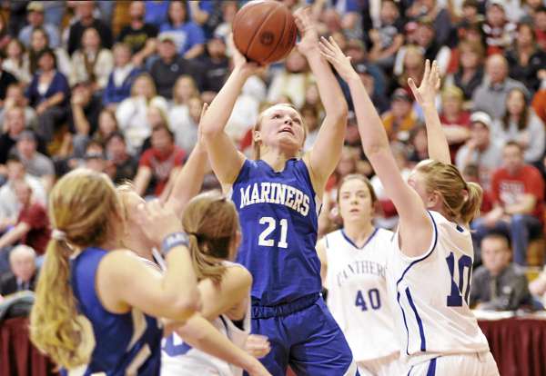 Deer Isle-Stonington's Britnie Jones grabs a rebound in the fourth quarter as Central Aroostook's Kayla Cushman (10, right) and others surround her during the fourth quarter of their Class D East girls semifinal at Bangor Auditorium Thursday afternoon, Feb. 24, 2011. Deer Isle-Stonington's Britnie Jones grabs a rebound in the fourth quarter as Central Aroostook's Kayla Cushman (10, right) and others surround her during the fourth quarter of their Class D East girls semifinal at Bangor Auditorium Thursday afternoon, Feb. 24, 2011.